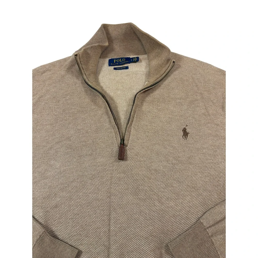 Polo Ralph Lauren Mens Large Tan Pima Cotton Textured Quarter Zip Sweater L